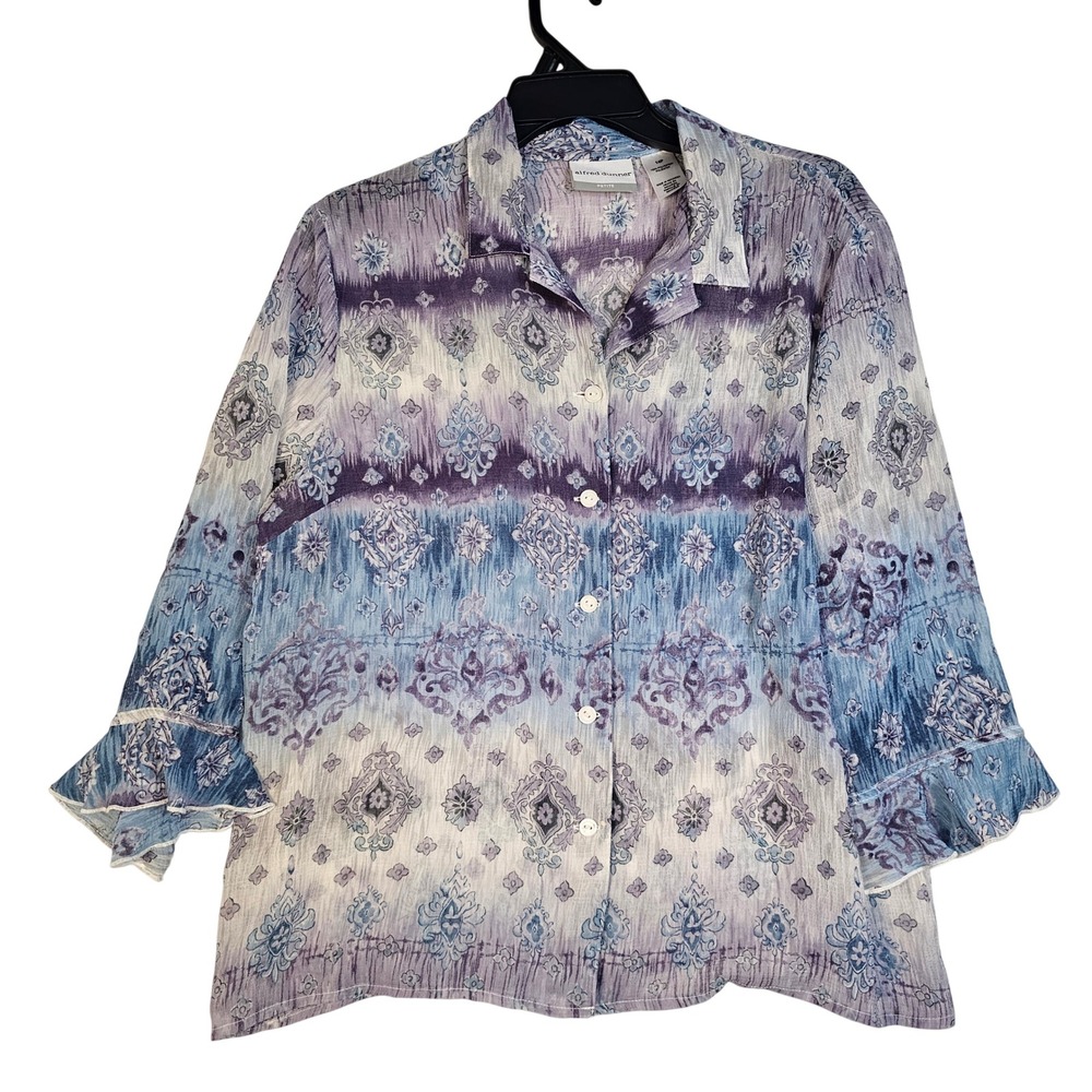 Alfred Dunner Petite 14P Lavender Blue Ikat Damask Ruffle Sleeve Crinkle Blouse